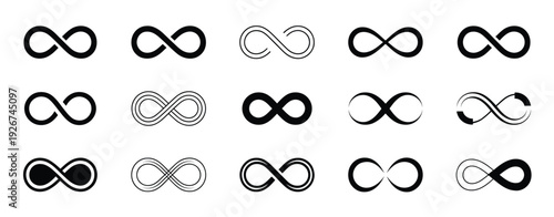 Infinity Symbol Set, Collection of Endless Icons Featuring Various Shapes Representing Unlimited Cyclicity, Eternal Loops, and Vector Illustrations for Logos, Branding, and Creative Design.