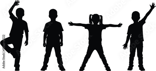 Four black silhouettes of children in different poses on white background kids 1