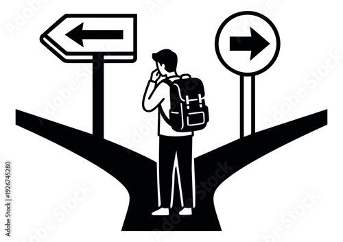 Modern line art illustration of a traveler depicting making a difficult decision for business and life choices