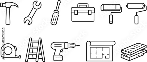 Collection of construction and renovation tools and materials in a simple line art style