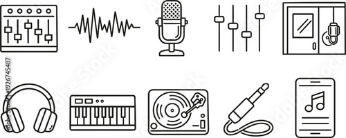 Collection of music production and audio equipment icons in a clean line art style