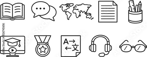 Collection of education and learning icons including book, speech bubble, world map, document, and graduation cap