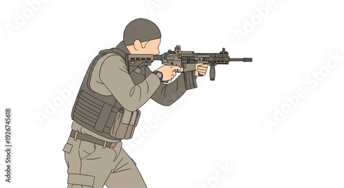 A person wearing tan tactical gear and a vest aims a brown and black assault rifle with a scope against a white background.