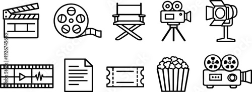 Collection of cinematic icons representing film production and movie entertainment elements