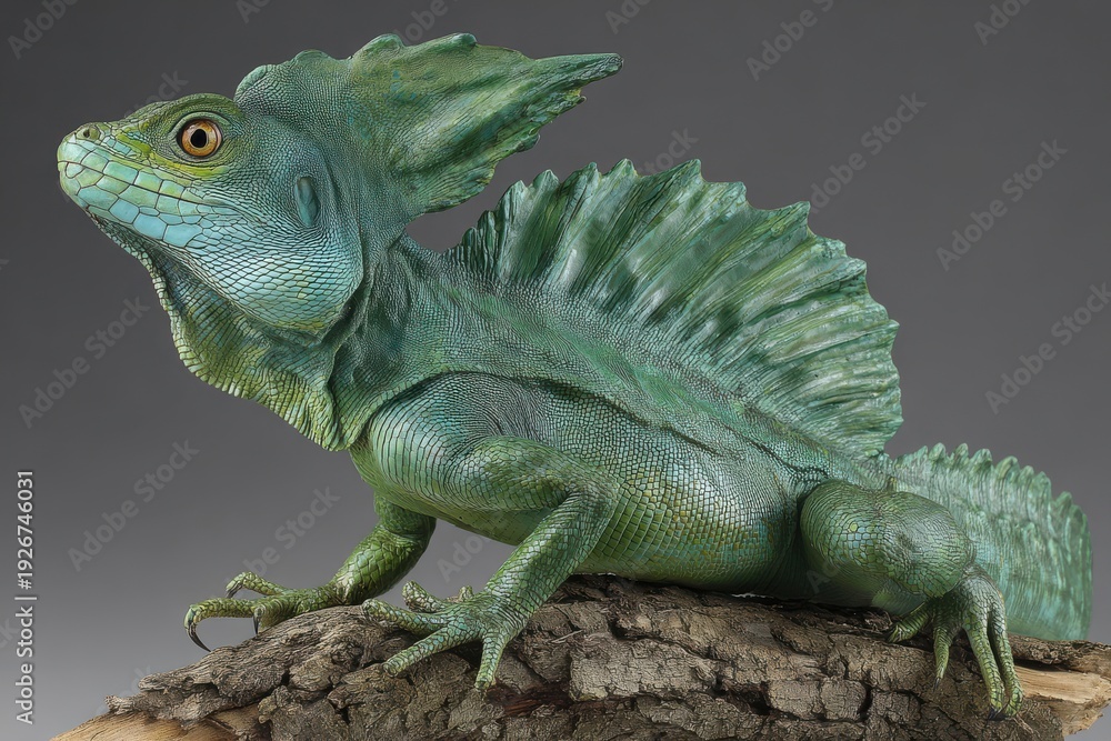 Fototapeta premium Detailed sculpture of a green basilisk lizard with prominent crest, poised on textured wood