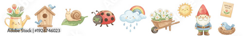 Cute watercolor spring clipart with gnome, birds, watering can, snail and ladybug set. Collection of Vector illustrations. Perfect for invitation, card, poster, banner, decoration