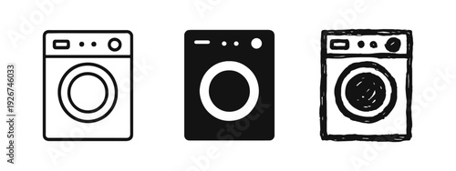 Washing Machine Icon Set: Laundry Appliance Symbols in Outline, Solid, and Doodle Styles