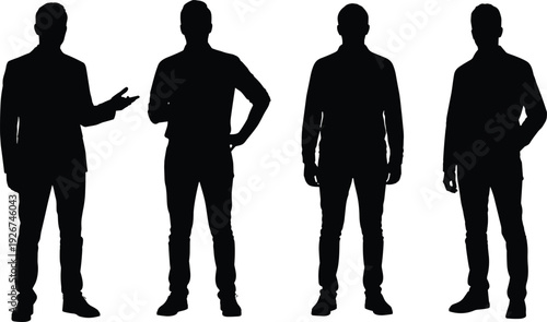 Four men in different poses silhouetted against white background silhouettes black standing