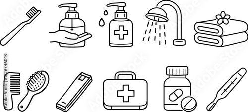 Collection of hygiene and medical icons for personal care and health