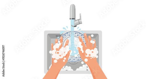 A top-down view shows hands covered in soap bubbles washing a patterned plate under a running faucet in a kitchen sink.