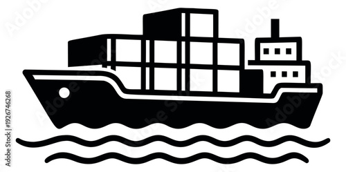 Line art illustration of a cargo ship depicting freight transport for global logistics