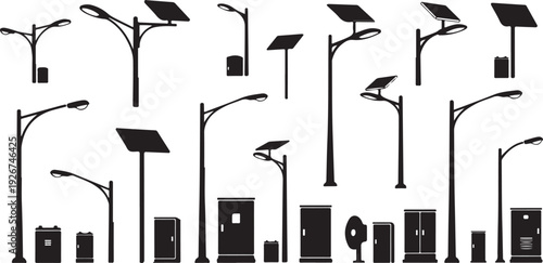City streetlights and urban infrastructure silhouette vector illustration set