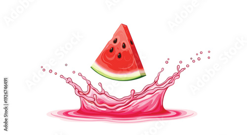 A triangular slice of red watermelon with black seeds splashes into a pool of pink liquid creating a large crown splash.