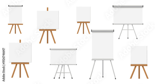 Eight different styles of wooden artist easels and metal presentation stands with blank white boards on white.