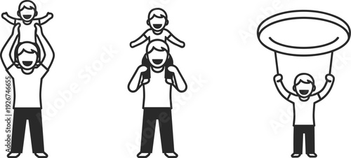 Father and child playing together, father lifting child and child on shoulders