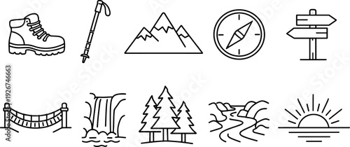 Collection of outdoor adventure and hiking icons in a simple line art style