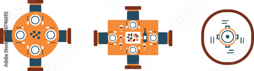 Top view of a round and square dining table settings with chairs and place settings