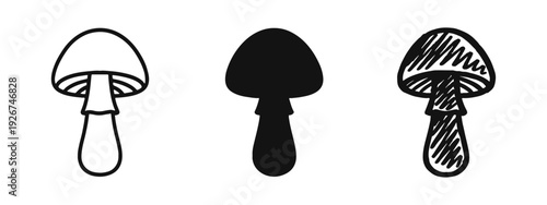 Mushroom Icon Set: Fungi Forest Nature Symbols in Outline, Solid, and Doodle Styles