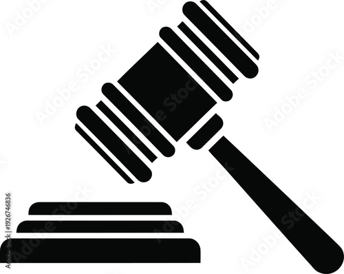 A black and white icon of a judge's gavel and block on a plain background
