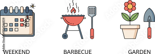 Icons representing weekend activities: calendar, barbecue, and gardening