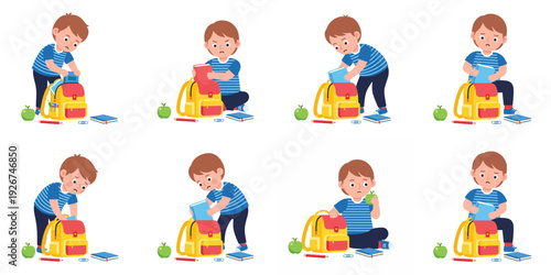 Sad schoolboy with backpack and school supplies