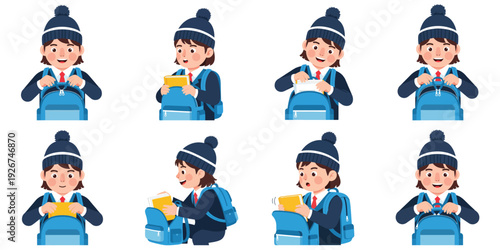 Schoolgirl with backpack in various poses