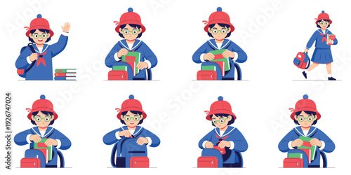 Schoolgirl with backpack and books in various poses