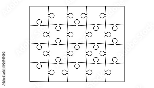 Jigsaw puzzle laser‑cut template featuring 20 details, clean 4×5 mosaic grid layout and blank infographic diagram, minimalist white vector background for creative templates and design projects