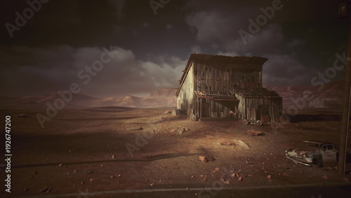 Canvas Print Bleak wooden shack in red desert, stormy sky and scattered debris, rusted car ca