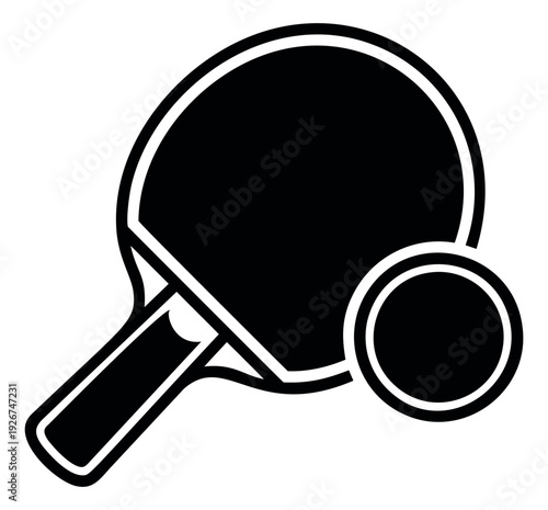 Outline graphic illustration of a table tennis paddle and ball depicting a game icon for recreation
