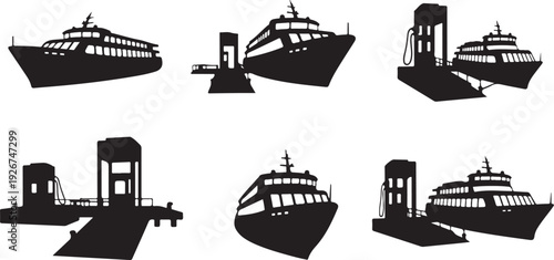 Silhouette of various cruise ships and ferries at port