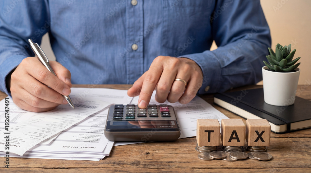 Αυτοκόλλητο Man calculating taxes with calculator and papers on wooden desk, tax season conc