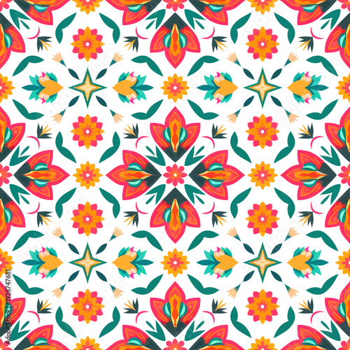 vector seamless repeating rangoli pattern in flat vector style. The design features symmetrical geometric shapes, floral motifs, peacocks, lotus flowers, and traditional oil lamps (divas).