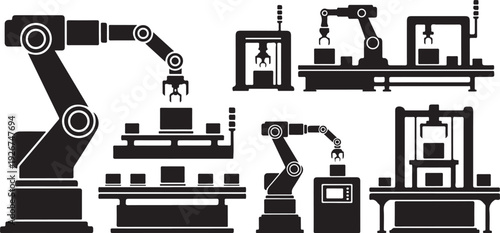 Industrial robotic arms in manufacturing and production settings vector