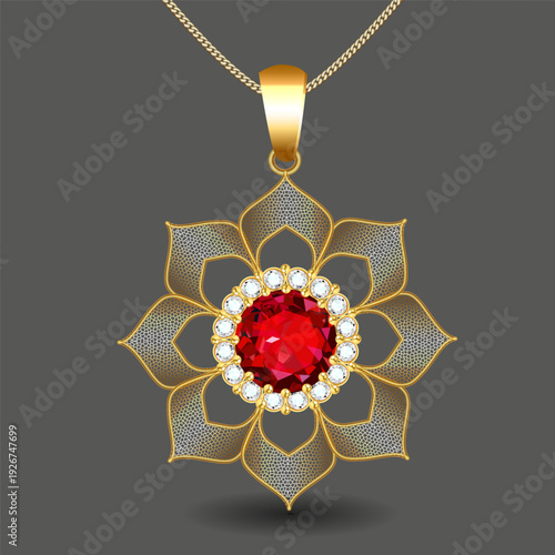 Intricate golden lotus flower pendant with ruby and diamonds in red, gold, and silver colors for luxury jewelry collections and special occasions