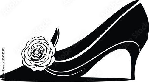 Black vector silhouette of a elegant women high heel shoe decorated with a large rose flower for fashion branding wedding apparel and footwear retail (24 words)