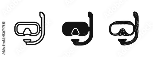 Snorkel Mask Icon Set for Diving and Swimming in Outline, Solid, and Sketchy Styles