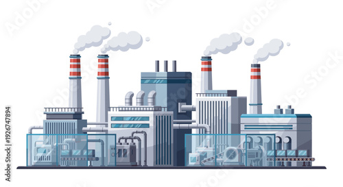 A large industrial factory complex with multiple buildings and four smoking chimneys is depicted in a flat illustration style on a white background.