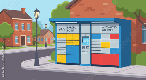 Colorful automated parcel delivery locker station with a self-service terminal standing on a quiet suburban street, representing modern logistics and e-commerce