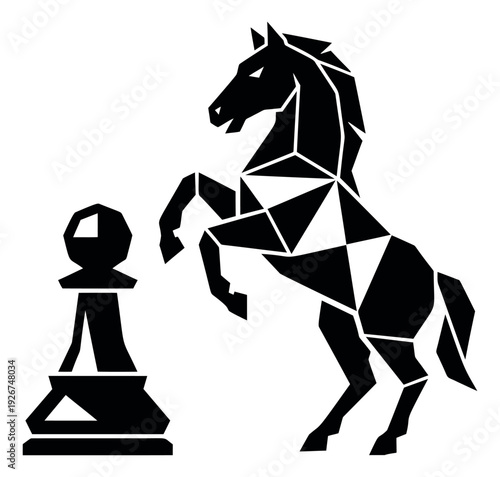 Modern geometric illustration of a chess pawn and a rearing horse symbolizing a knight for strategy concepts