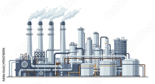 An intricate industrial oil refinery with many distillation towers and a complex network of pipes is shown against a plain white background.