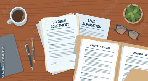 Legal documents for divorce agreement, legal separation, property division, and child custody are neatly displayed on a wooden desk with a coffee cup, pens, and glasses, in a flat design illustration