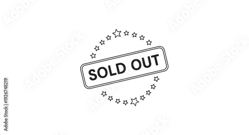 Sold out rubber stamp mark with a rectangular border and a circle of stars around it, indicating product unavailability in a store.
