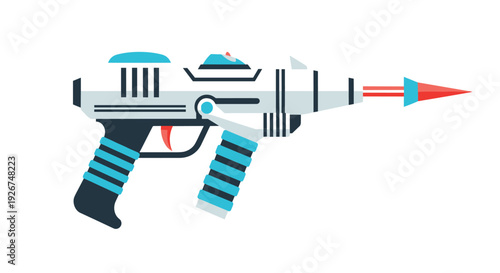 Colorful futuristic ray gun illustration featuring a sleek white body with blue accents and a glowing red laser beam tip at the end.