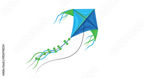 Vibrant blue and green diamond-shaped kite flying high in the air with long decorative ribbons and streamers attached to its bottom.