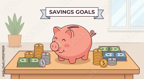 Cute pink piggy bank surrounded by coins and banknotes on a table, a flat vector illustration representing financial savings goals and personal finance