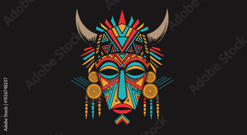 Intricately designed colorful tribal mask with horns and geometric patterns, representing ancient cultural heritage and traditional art.