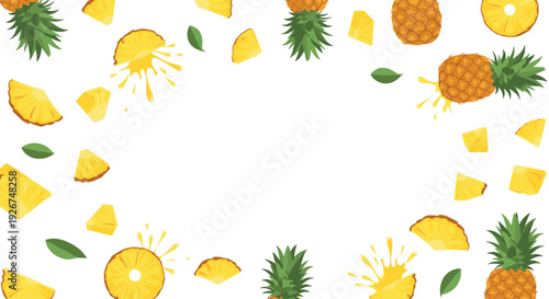 A horizontal composition featuring a border of whole pineapples and sliced segments around a central white space.