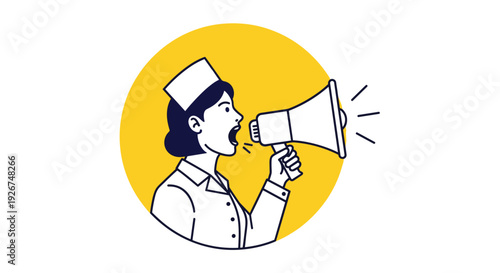Nurse in a traditional uniform speaking loudly into a megaphone to make an announcement or a public health alert in a clinical setting.