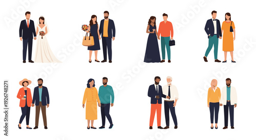 Diverse collection of couples in different styles including wedding attire, casual wear, and professional business outfits for many uses.